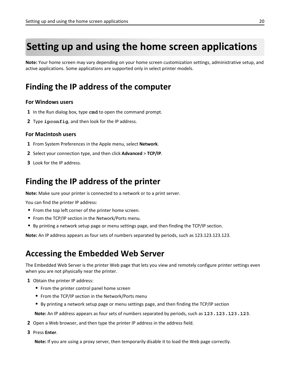 Setting up and using the home screen applications, Finding the ip address of the computer, Finding the ip address of the printer | Accessing the embedded web server | Dell B3465dn Mono Laser Multifunction Printer User Manual | Page 20 / 315