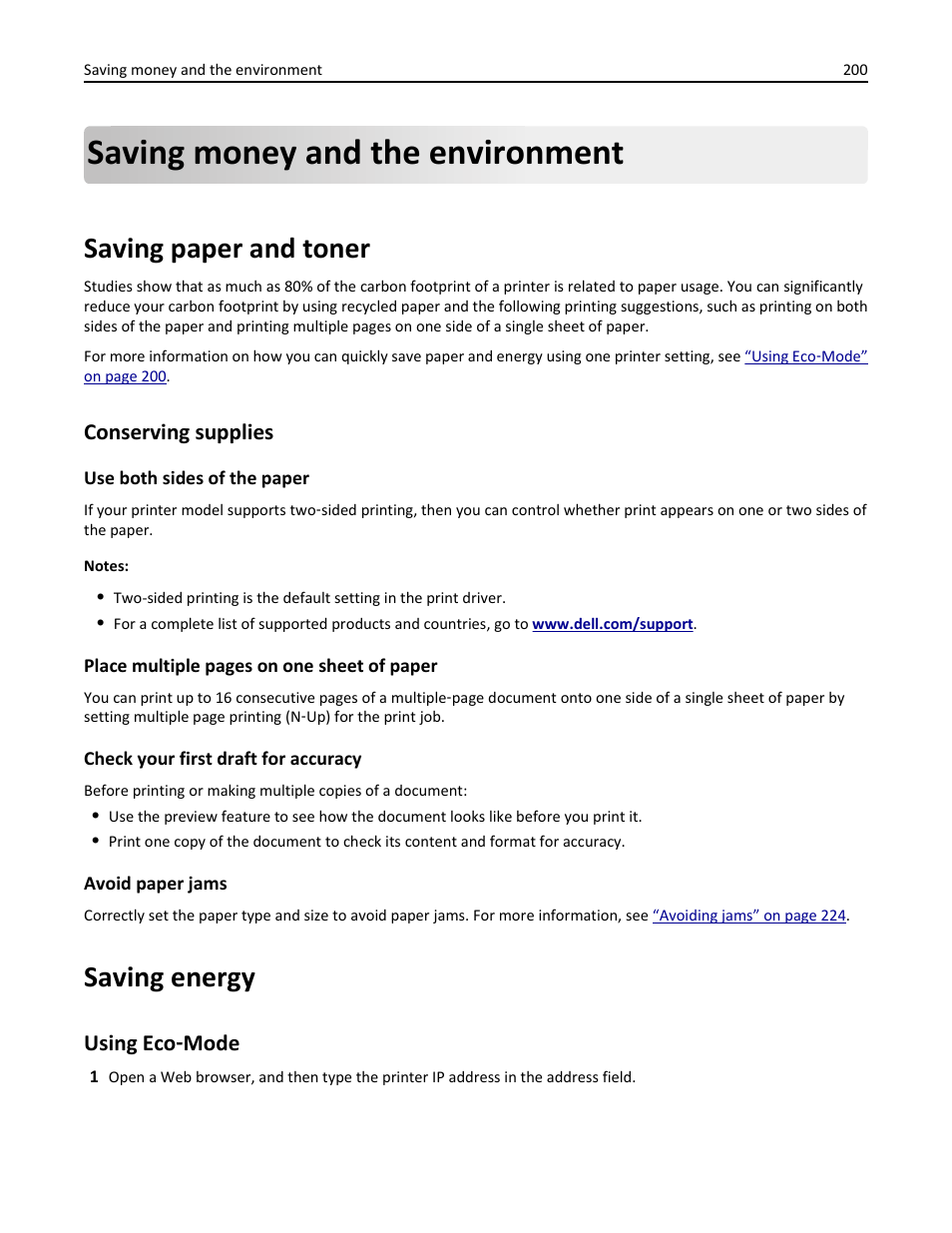 Saving money and the environment, Saving paper and toner, Conserving supplies | Saving energy, Using eco-mode, Using eco ‑ mode | Dell B3465dn Mono Laser Multifunction Printer User Manual | Page 200 / 315