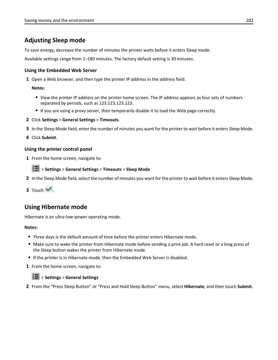 Adjusting sleep mode, Using hibernate mode | Dell B3465dn Mono Laser Multifunction Printer User Manual | Page 202 / 315