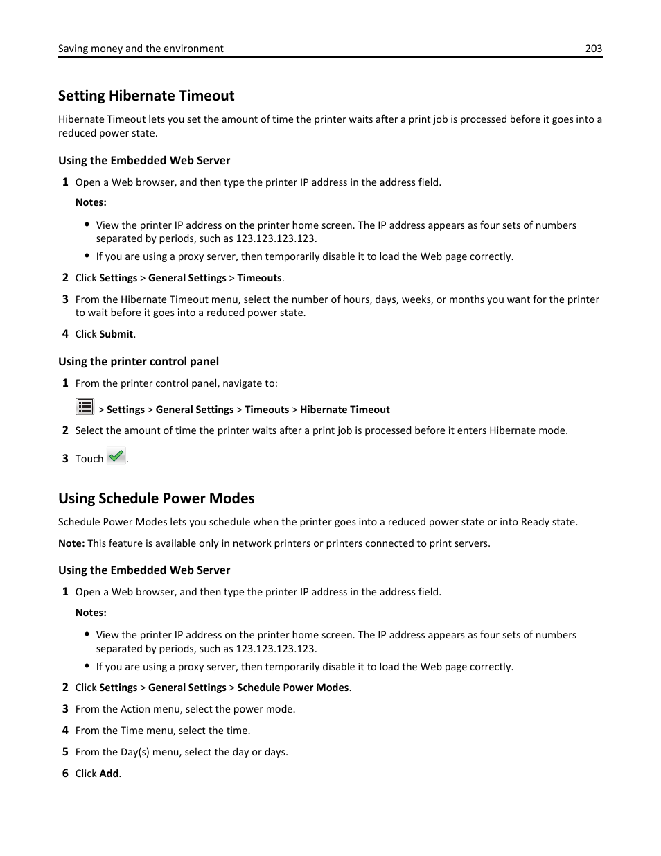 Setting hibernate timeout, Using schedule power modes | Dell B3465dn Mono Laser Multifunction Printer User Manual | Page 203 / 315