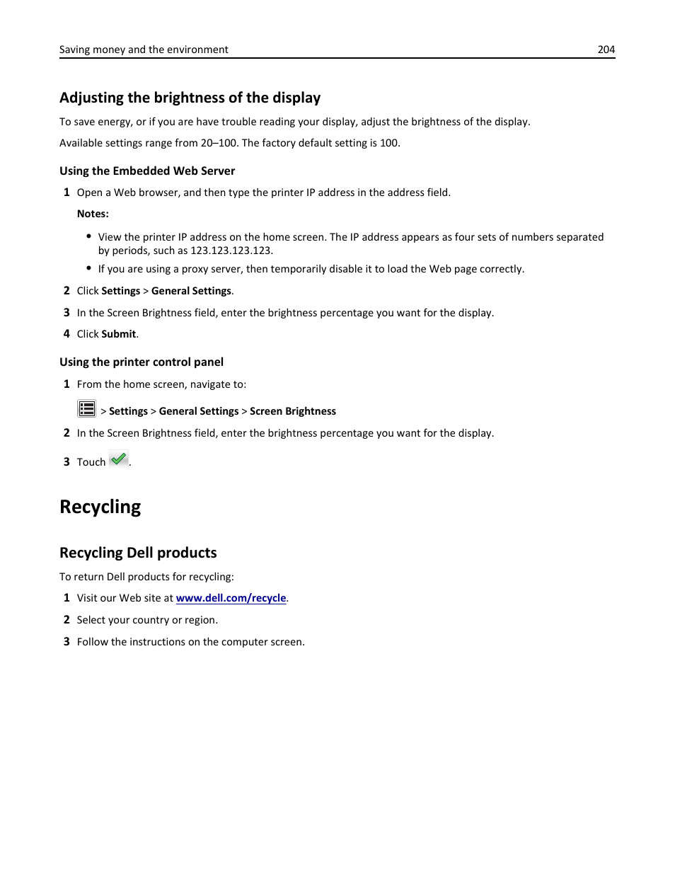 Adjusting the brightness of the display, Recycling, Recycling dell products | Dell B3465dn Mono Laser Multifunction Printer User Manual | Page 204 / 315