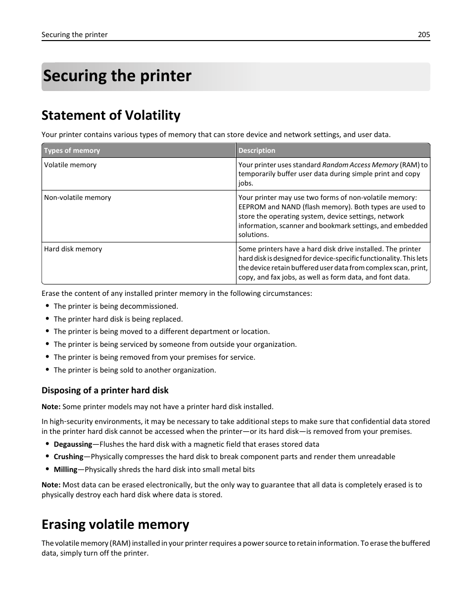 Securing the printer, Statement of volatility, Erasing volatile memory | Dell B3465dn Mono Laser Multifunction Printer User Manual | Page 205 / 315
