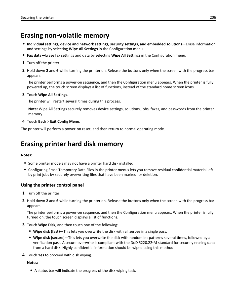 Erasing non-volatile memory, Erasing printer hard disk memory, Erasing non | Volatile memory | Dell B3465dn Mono Laser Multifunction Printer User Manual | Page 206 / 315