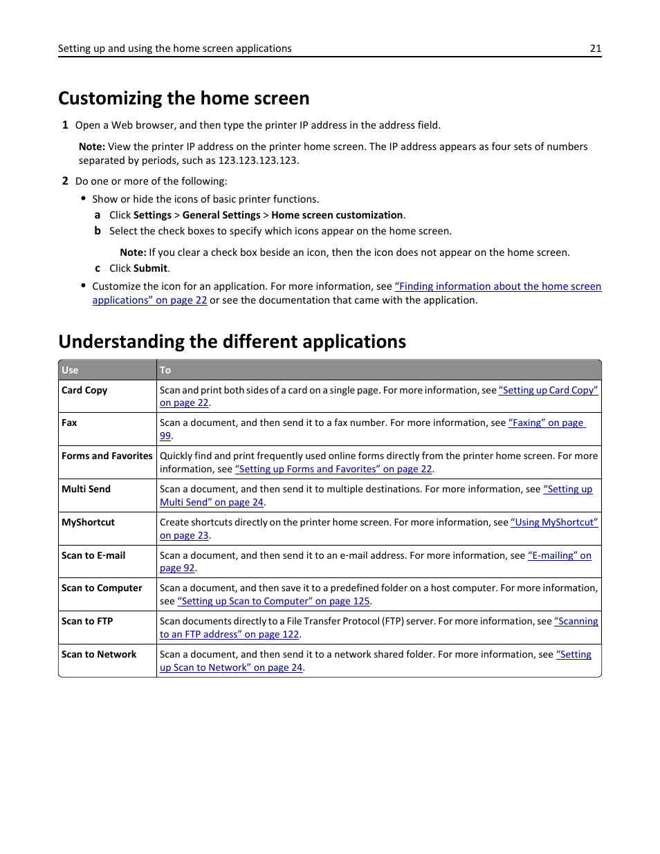 Customizing the home screen, Understanding the different applications | Dell B3465dn Mono Laser Multifunction Printer User Manual | Page 21 / 315