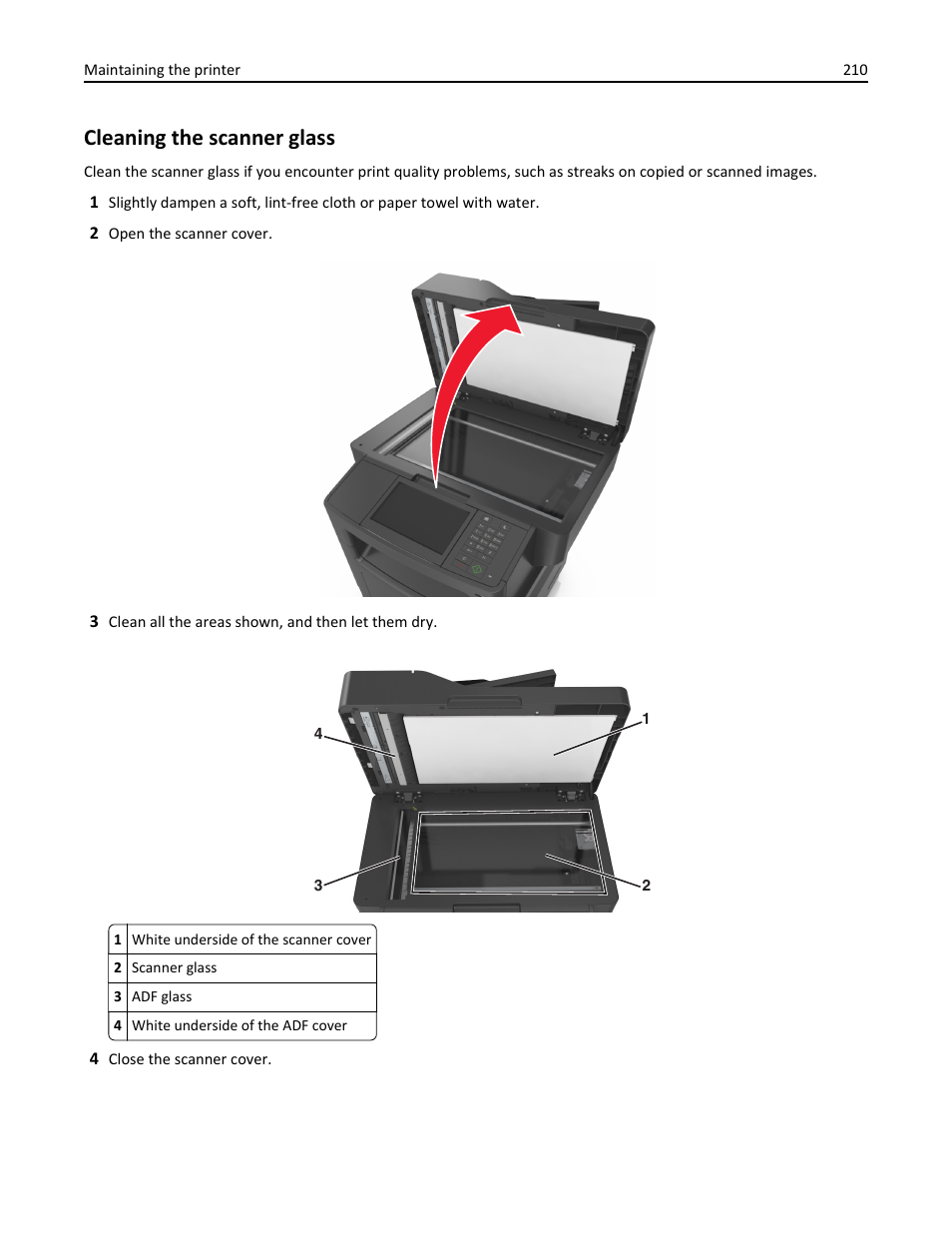 Cleaning the scanner glass | Dell B3465dn Mono Laser Multifunction Printer User Manual | Page 210 / 315