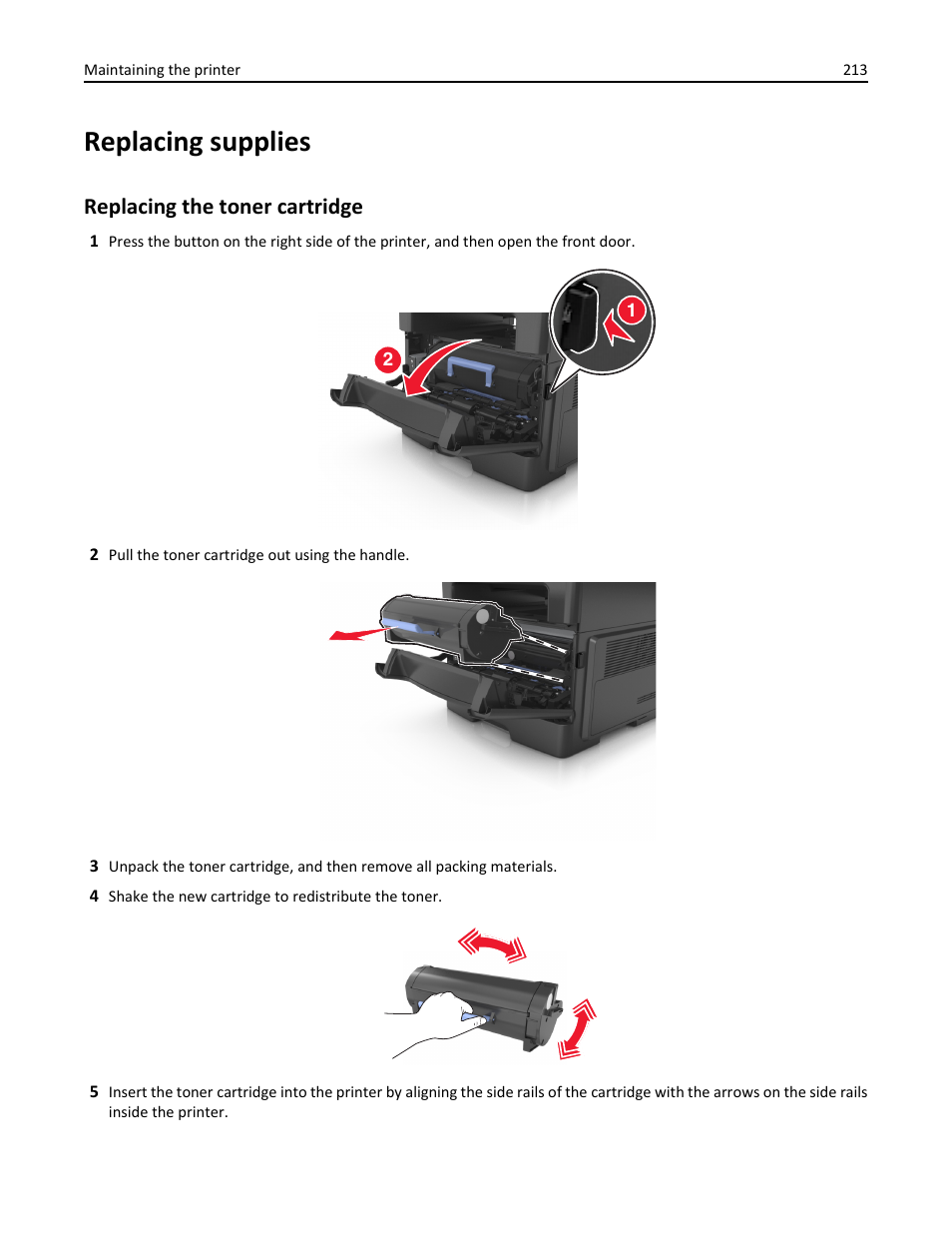 Replacing supplies, Replacing the toner cartridge | Dell B3465dn Mono Laser Multifunction Printer User Manual | Page 213 / 315