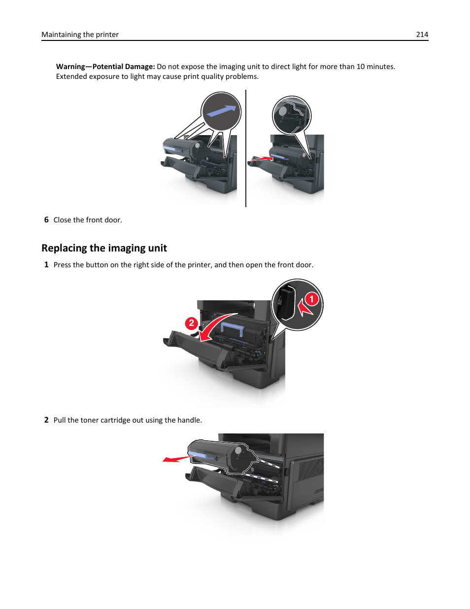 Replacing the imaging unit | Dell B3465dn Mono Laser Multifunction Printer User Manual | Page 214 / 315