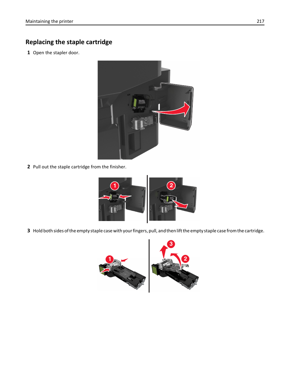 Replacing the staple cartridge | Dell B3465dn Mono Laser Multifunction Printer User Manual | Page 217 / 315