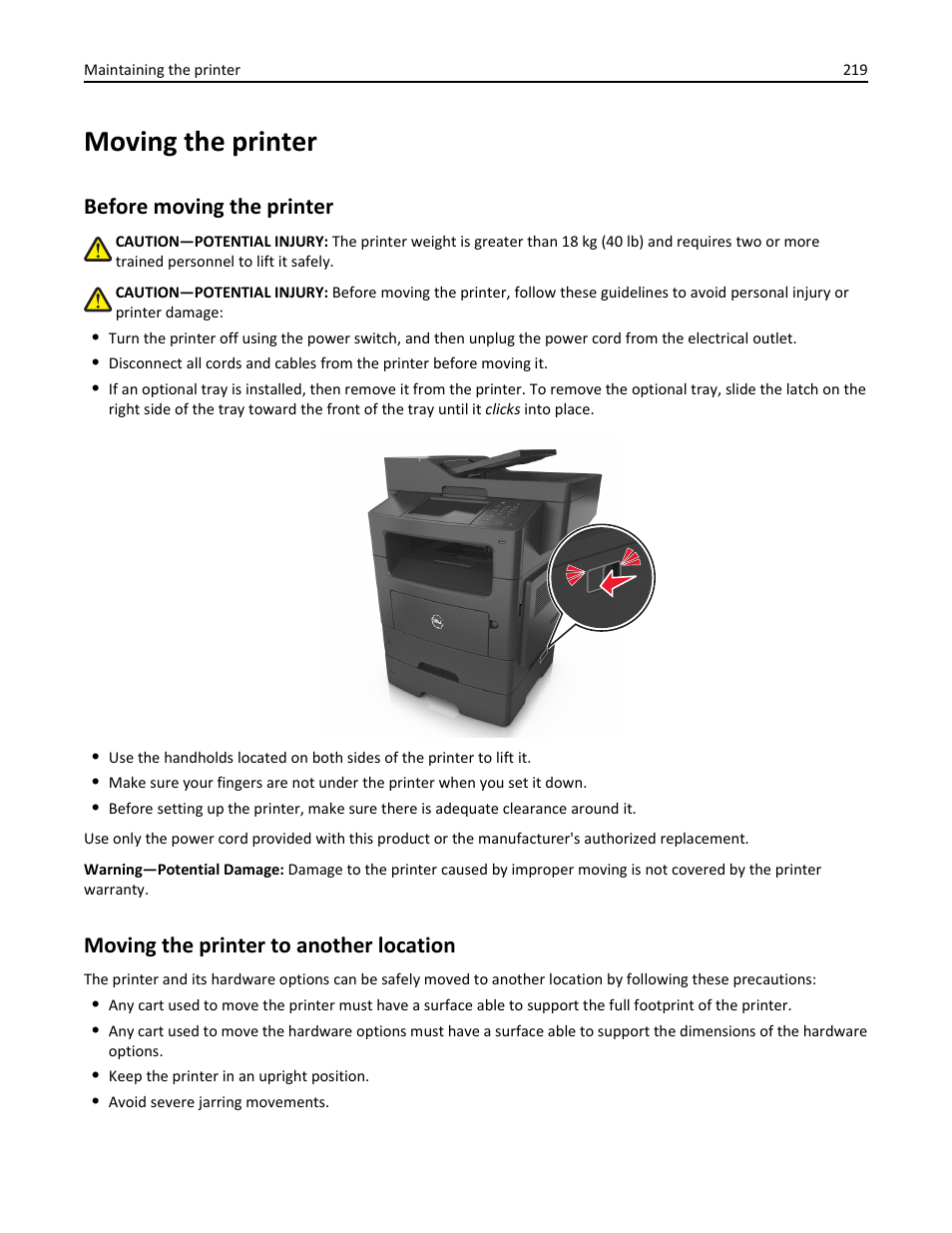 Moving the printer, Before moving the printer, Moving the printer to another location | Dell B3465dn Mono Laser Multifunction Printer User Manual | Page 219 / 315