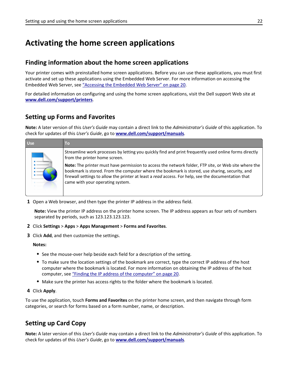 Activating the home screen applications, Setting up forms and favorites, Setting up card copy | Finding information about the home screen | Dell B3465dn Mono Laser Multifunction Printer User Manual | Page 22 / 315