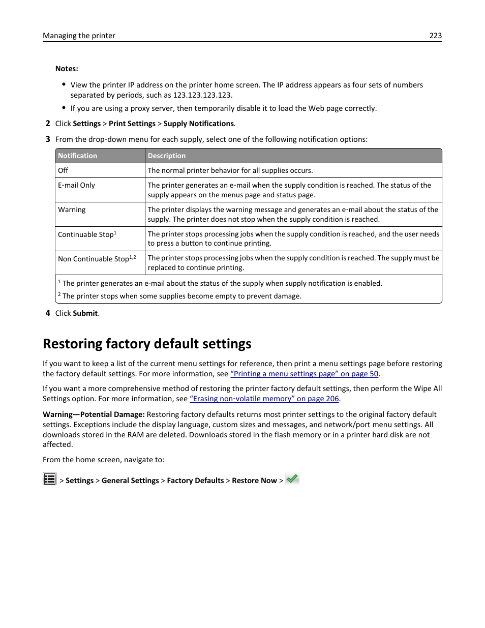 Restoring factory default settings | Dell B3465dn Mono Laser Multifunction Printer User Manual | Page 223 / 315