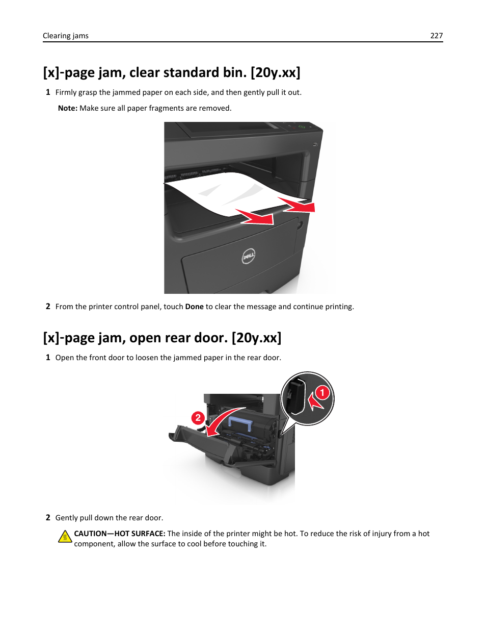 X] ‑ page jam, clear standard bin. [20y.xx, X] ‑ page jam, open rear door. [20y.xx | Dell B3465dn Mono Laser Multifunction Printer User Manual | Page 227 / 315