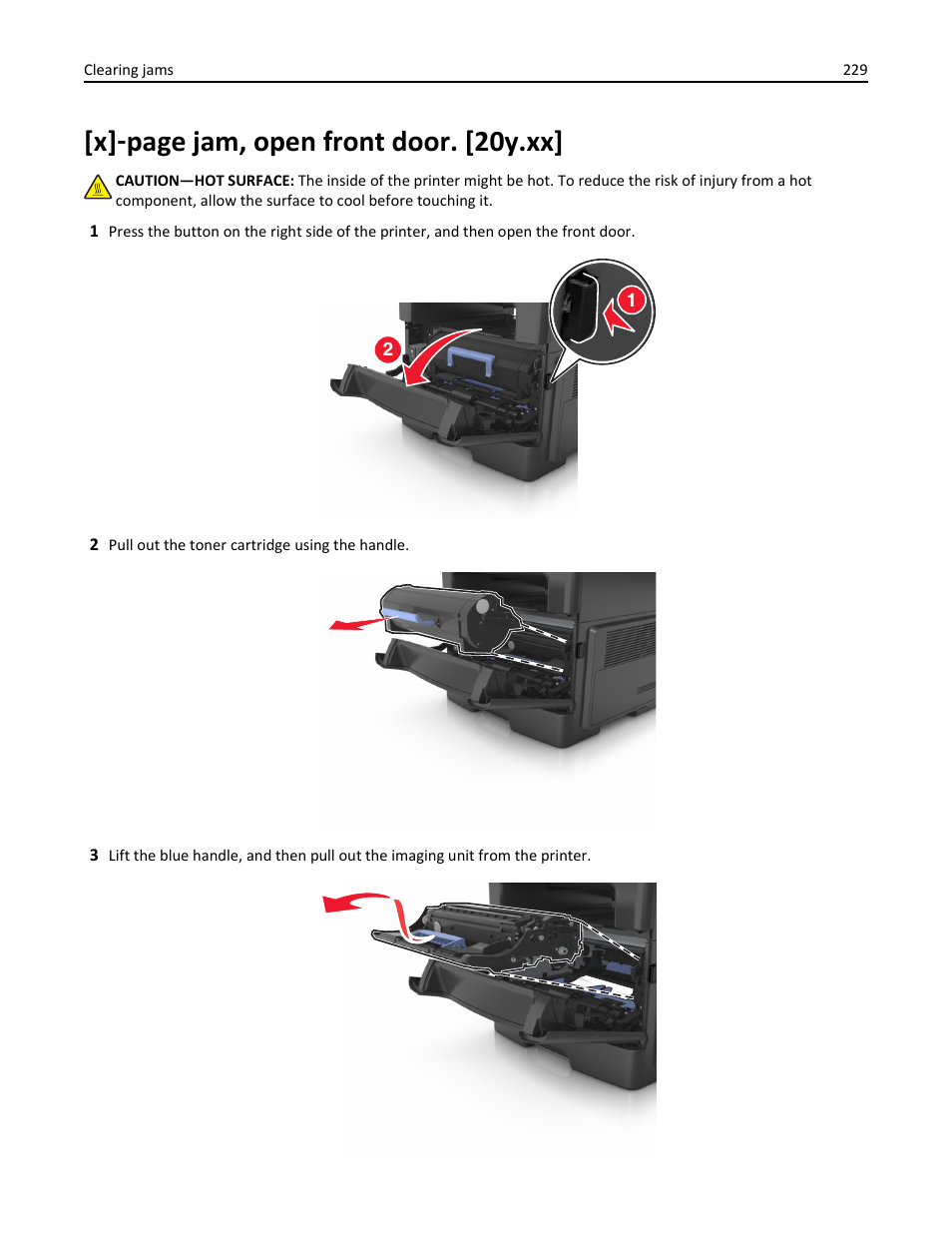 X] ‑ page jam, open front door. [20y.xx | Dell B3465dn Mono Laser Multifunction Printer User Manual | Page 229 / 315