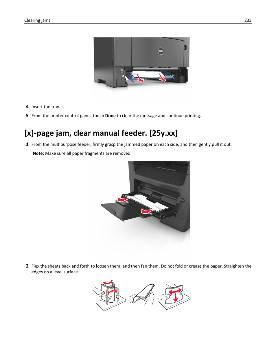 X] ‑ page jam, clear manual feeder. [25y.xx | Dell B3465dn Mono Laser Multifunction Printer User Manual | Page 233 / 315