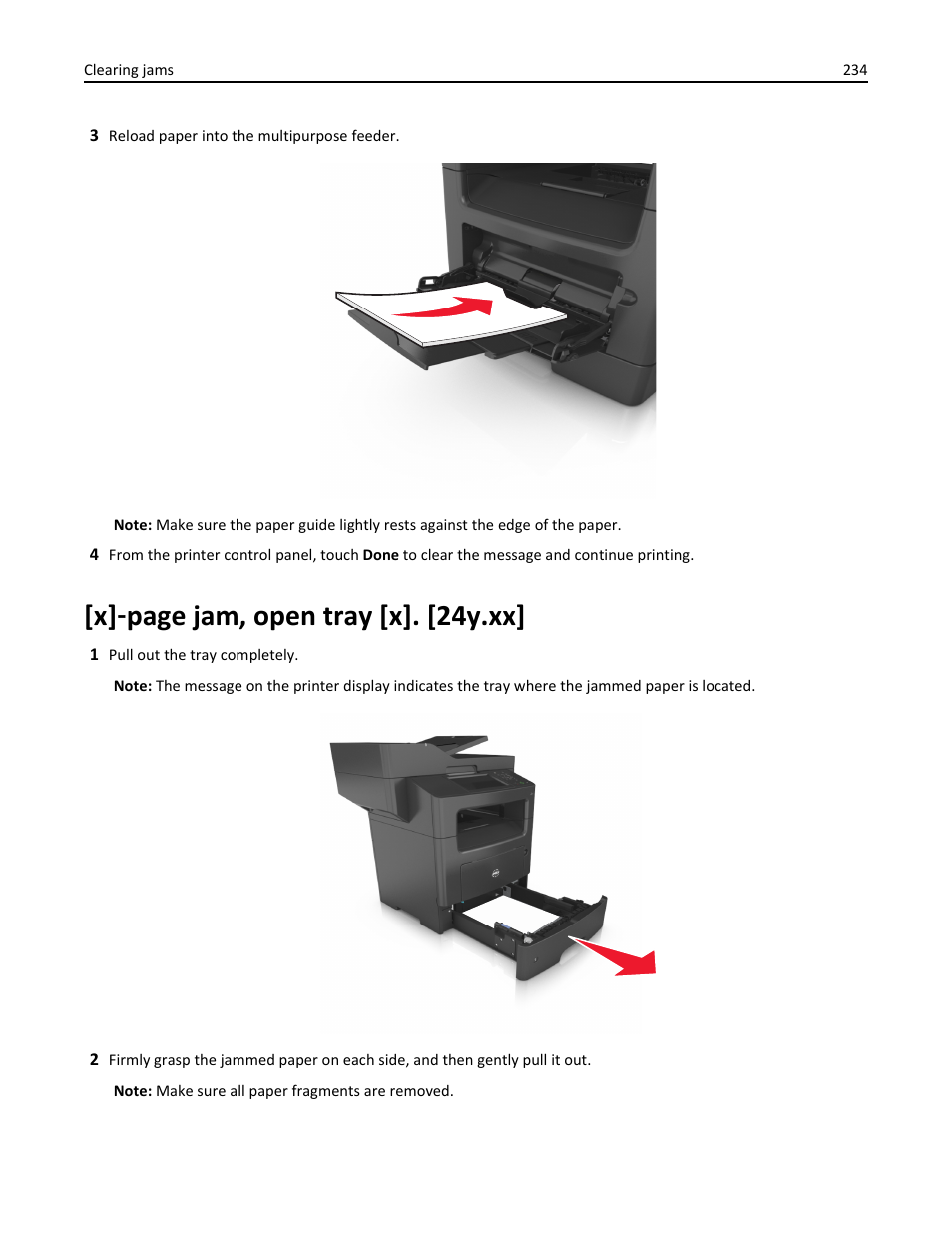 X] ‑ page jam, open tray [x]. [24y.xx | Dell B3465dn Mono Laser Multifunction Printer User Manual | Page 234 / 315