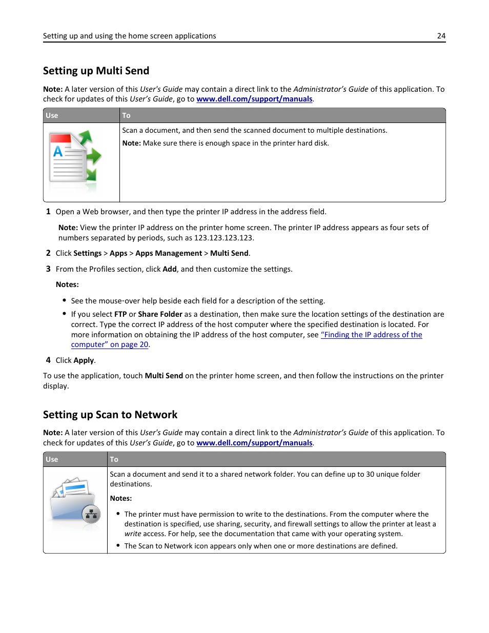 Setting up multi send, Setting up scan to network, Setting up multi send setting up scan to network | Setting up, Setting | Dell B3465dn Mono Laser Multifunction Printer User Manual | Page 24 / 315