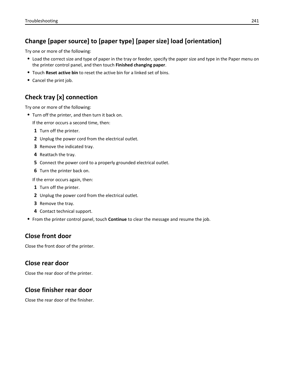Check tray [x] connection, Close front door, Close rear door | Close finisher rear door | Dell B3465dn Mono Laser Multifunction Printer User Manual | Page 241 / 315