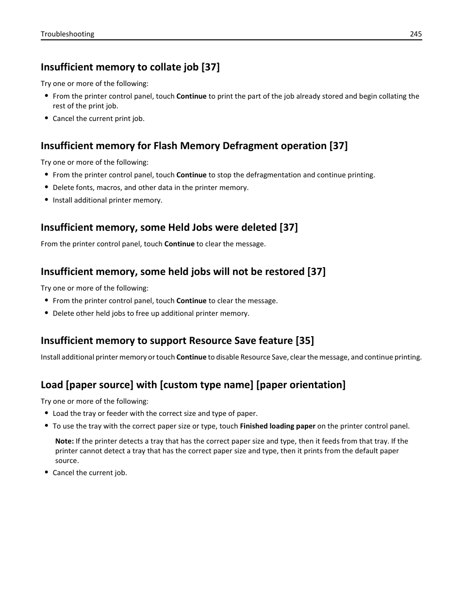 Insufficient memory to collate job [37 | Dell B3465dn Mono Laser Multifunction Printer User Manual | Page 245 / 315