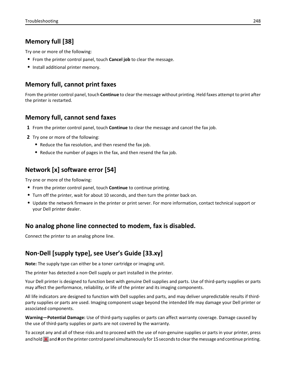 Memory full [38, Memory full, cannot print faxes, Memory full, cannot send faxes | Network [x] software error [54, Non-dell [supply type], see user’s guide [33.xy, Non ‑ dell [supply type], see user’s guide [33.xy | Dell B3465dn Mono Laser Multifunction Printer User Manual | Page 248 / 315