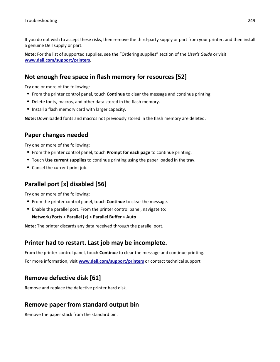 Paper changes needed, Parallel port [x] disabled [56, Printer had to restart. last job may be incomplete | Remove defective disk [61, Remove paper from standard output bin | Dell B3465dn Mono Laser Multifunction Printer User Manual | Page 249 / 315