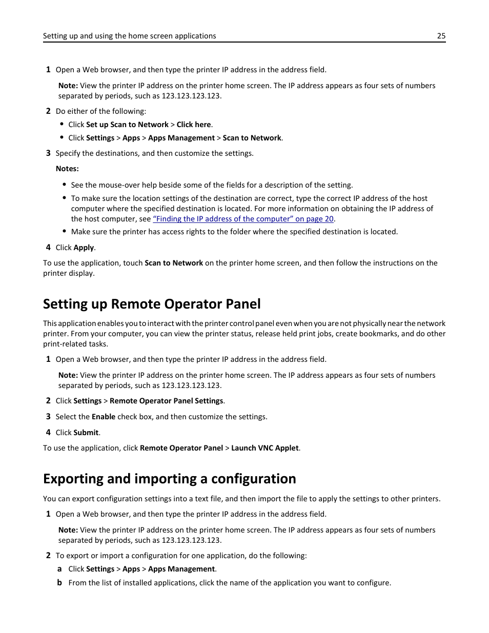 Setting up remote operator panel, Exporting and importing a configuration | Dell B3465dn Mono Laser Multifunction Printer User Manual | Page 25 / 315