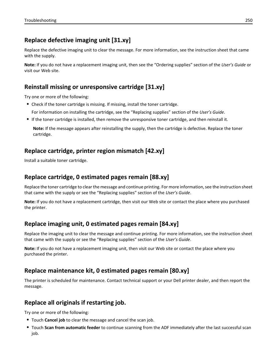 Replace defective imaging unit [31.xy, Reinstall missing or unresponsive cartridge [31.xy, Replace cartridge, printer region mismatch [42.xy | Replace all originals if restarting job, Replace cartridge, 0 estimated pages remain [88.xy | Dell B3465dn Mono Laser Multifunction Printer User Manual | Page 250 / 315