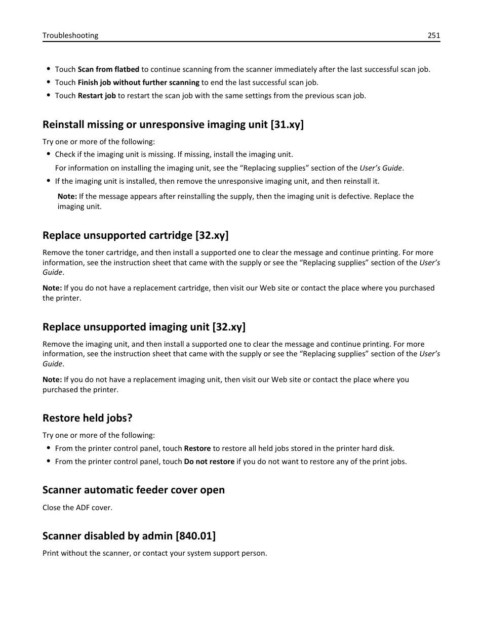 Replace unsupported cartridge [32.xy, Replace unsupported imaging unit [32.xy, Restore held jobs | Scanner automatic feeder cover open, Scanner disabled by admin [840.01 | Dell B3465dn Mono Laser Multifunction Printer User Manual | Page 251 / 315
