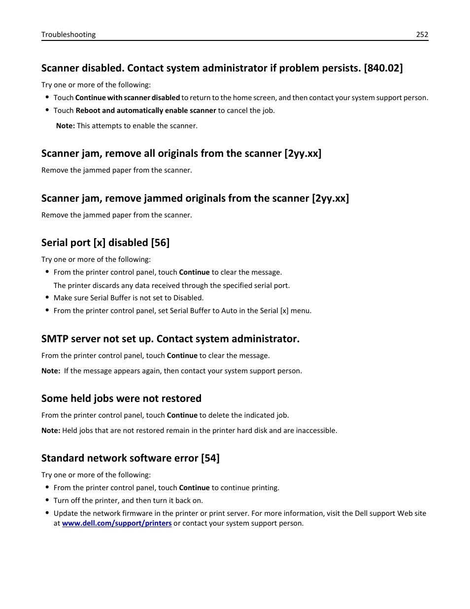 Serial port [x] disabled [56, Some held jobs were not restored, Standard network software error [54 | Dell B3465dn Mono Laser Multifunction Printer User Manual | Page 252 / 315
