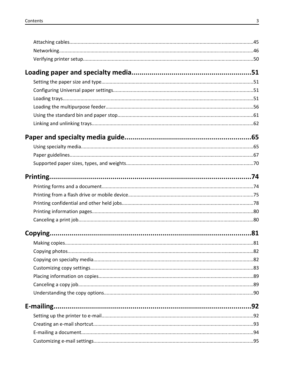 Loading paper and specialty media, Paper and specialty media guide, Printing | Copying, E-mailing | Dell B3465dn Mono Laser Multifunction Printer User Manual | Page 3 / 315