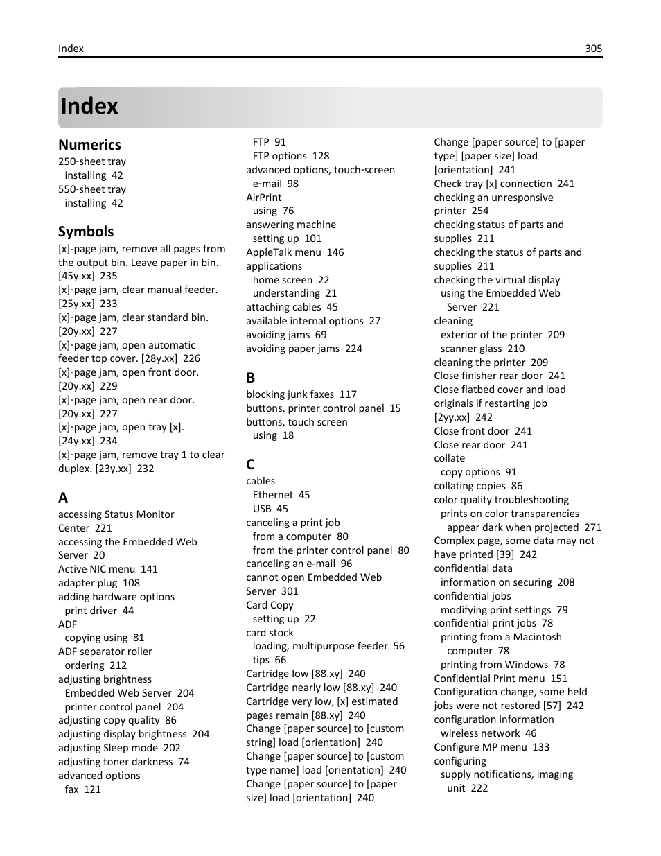 Index, Numerics, Symbols | Dell B3465dn Mono Laser Multifunction Printer User Manual | Page 305 / 315