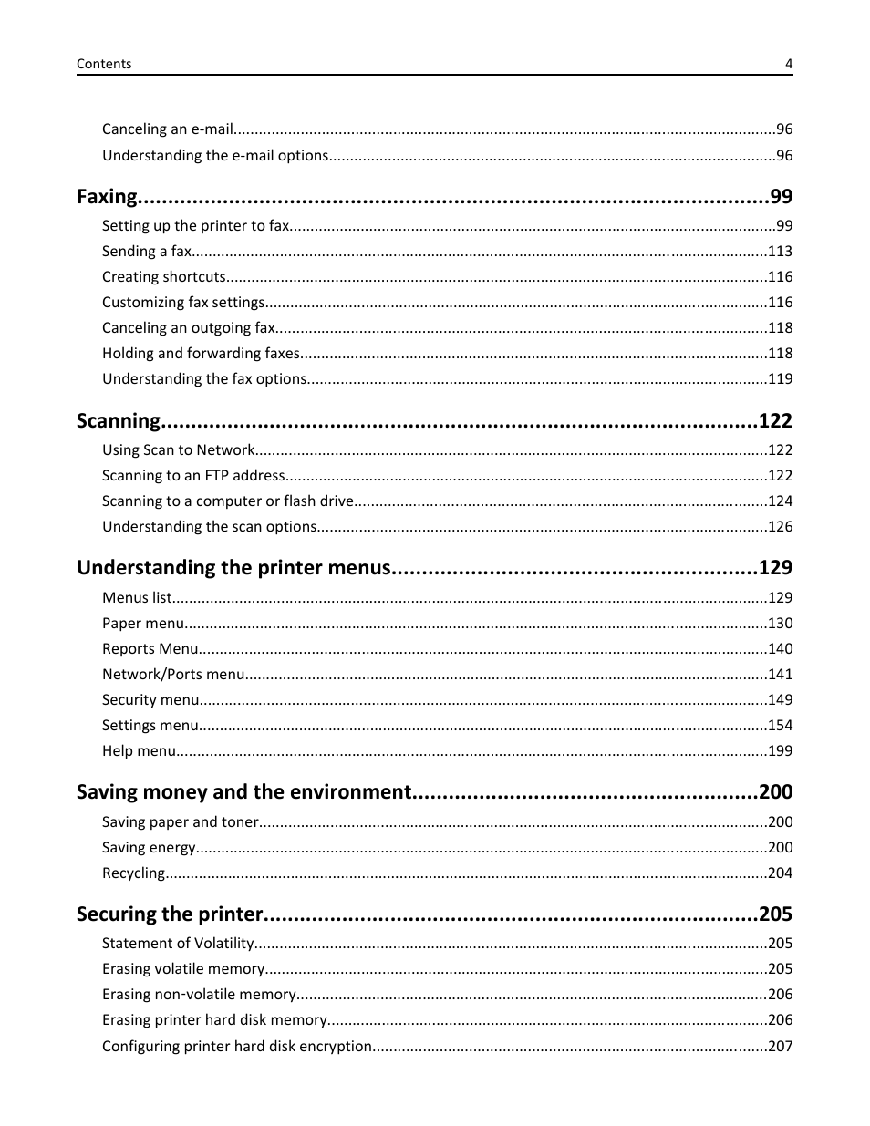 Faxing, Scanning, Understanding the printer menus | Saving money and the environment, Securing the printer | Dell B3465dn Mono Laser Multifunction Printer User Manual | Page 4 / 315