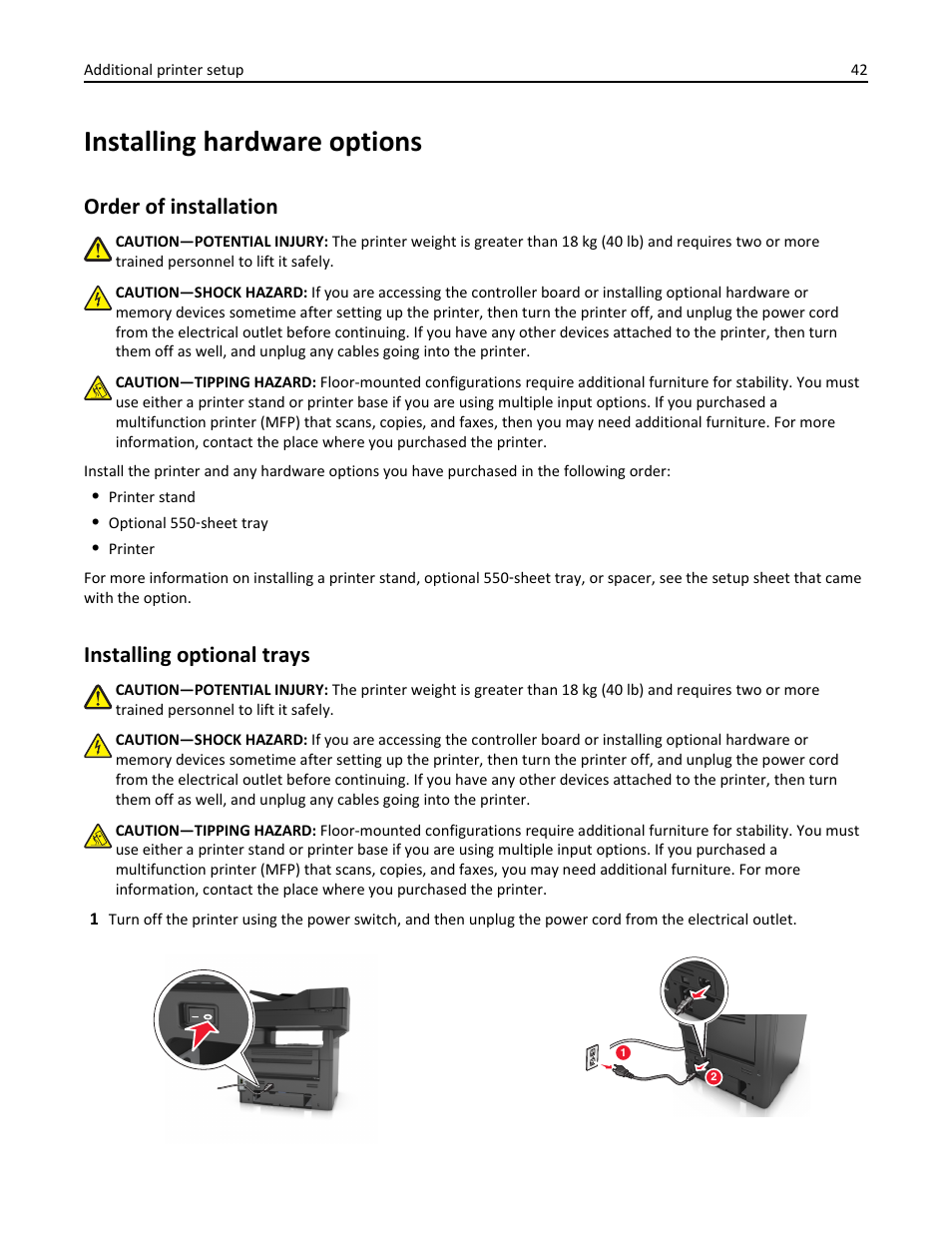Installing hardware options, Order of installation, Installing optional trays | Dell B3465dn Mono Laser Multifunction Printer User Manual | Page 42 / 315