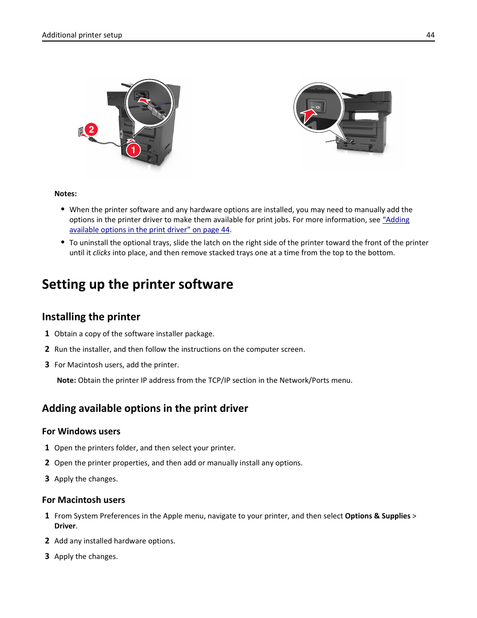 Setting up the printer software, Installing the printer, Adding available options in the print driver | Adding available | Dell B3465dn Mono Laser Multifunction Printer User Manual | Page 44 / 315