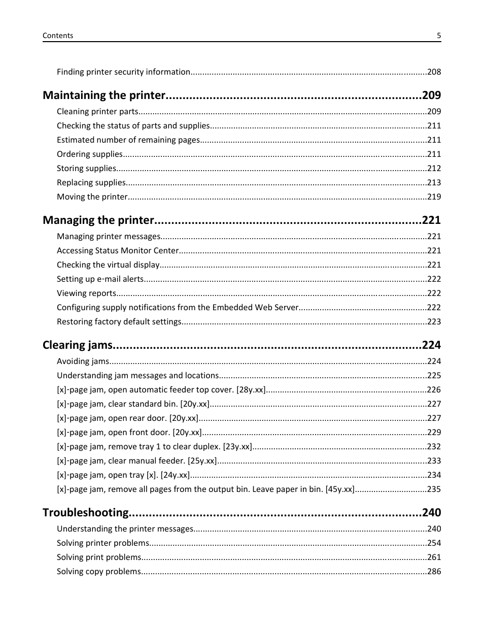 Maintaining the printer, Managing the printer, Clearing jams | Troubleshooting | Dell B3465dn Mono Laser Multifunction Printer User Manual | Page 5 / 315