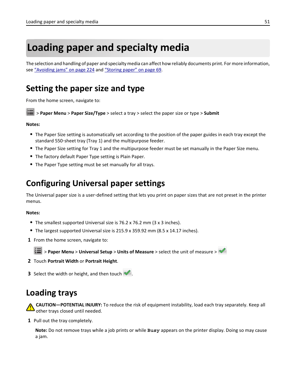 Loading paper and specialty media, Setting the paper size and type, Configuring universal paper settings | Loading trays | Dell B3465dn Mono Laser Multifunction Printer User Manual | Page 51 / 315