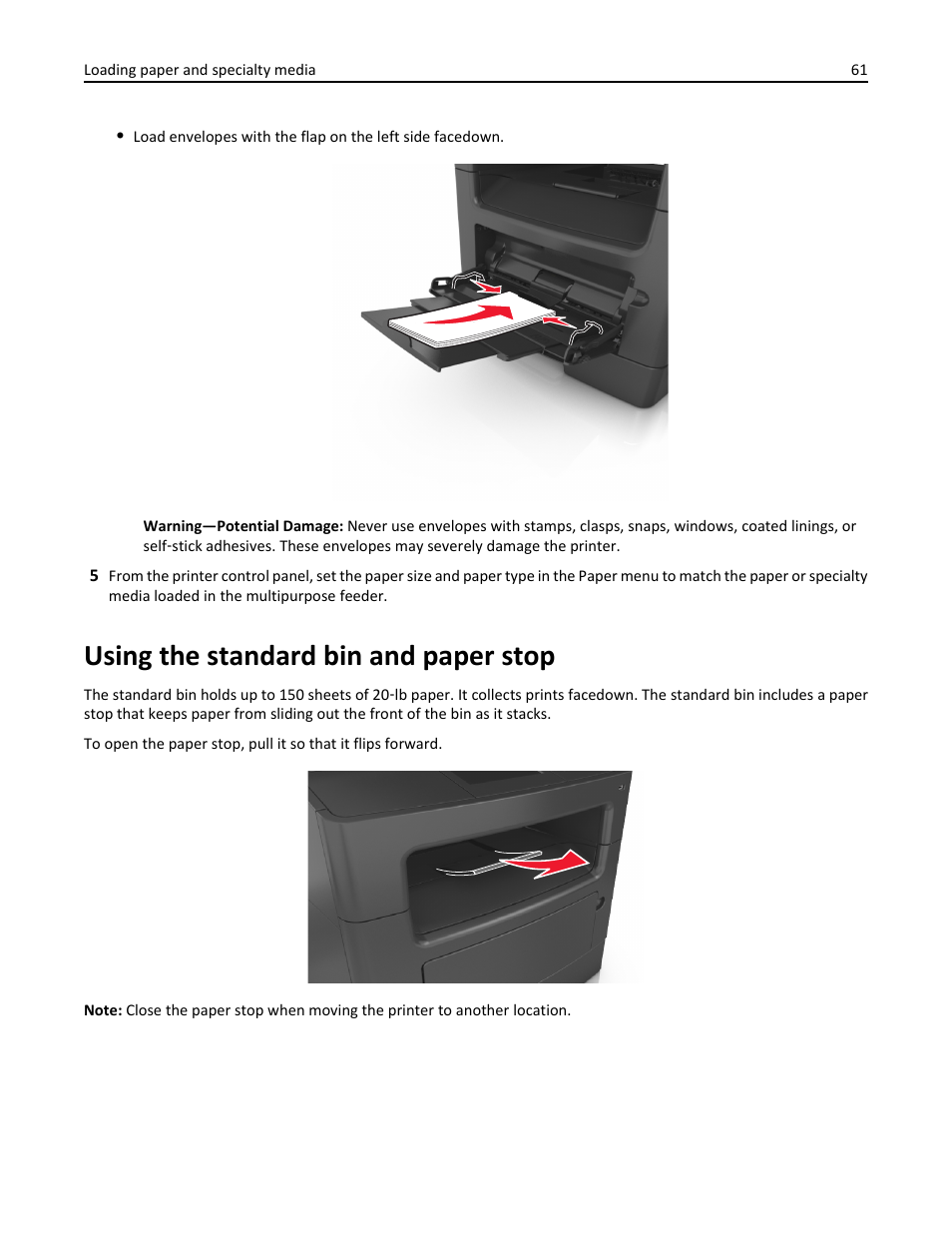 Using the standard bin and paper stop | Dell B3465dn Mono Laser Multifunction Printer User Manual | Page 61 / 315