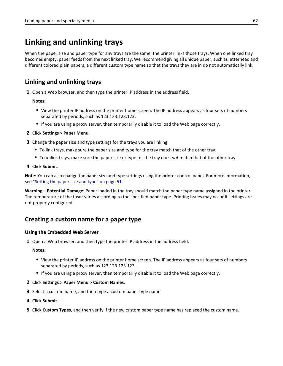 Linking and unlinking trays, Creating a custom name for a paper type | Dell B3465dn Mono Laser Multifunction Printer User Manual | Page 62 / 315