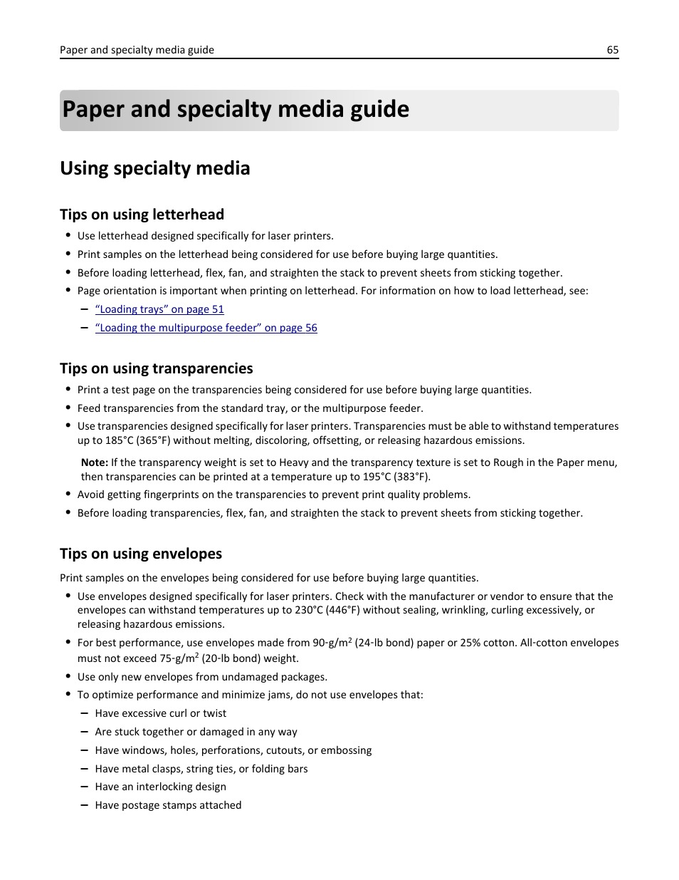 Paper and specialty media guide, Using specialty media, Tips on using letterhead | Tips on using transparencies, Tips on using envelopes | Dell B3465dn Mono Laser Multifunction Printer User Manual | Page 65 / 315