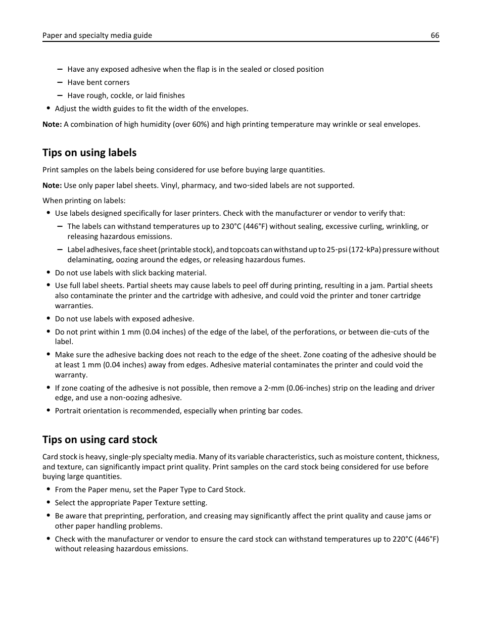 Tips on using labels, Tips on using card stock | Dell B3465dn Mono Laser Multifunction Printer User Manual | Page 66 / 315