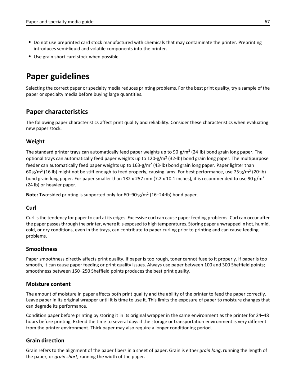 Paper guidelines, Paper characteristics | Dell B3465dn Mono Laser Multifunction Printer User Manual | Page 67 / 315