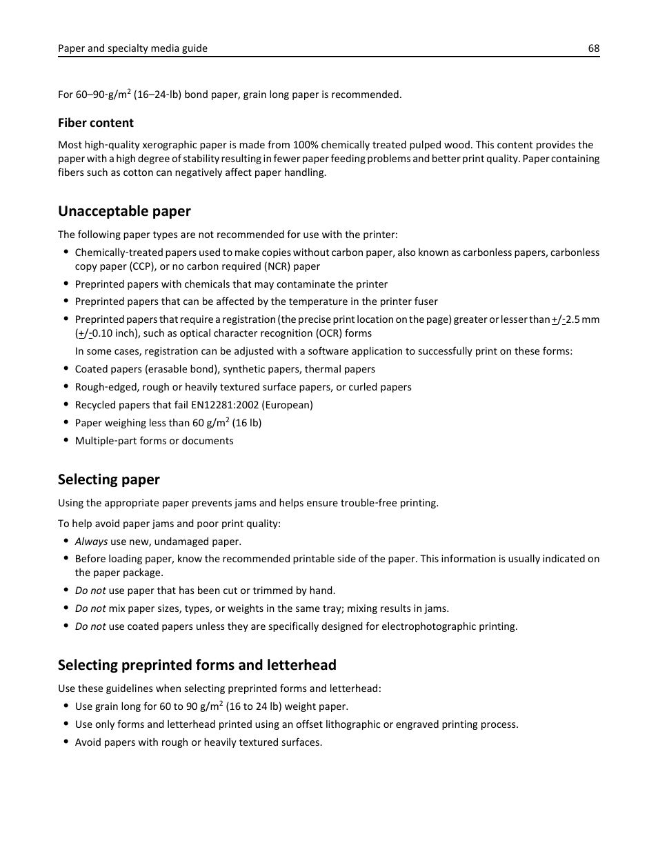 Unacceptable paper, Selecting paper, Selecting preprinted forms and letterhead | Dell B3465dn Mono Laser Multifunction Printer User Manual | Page 68 / 315