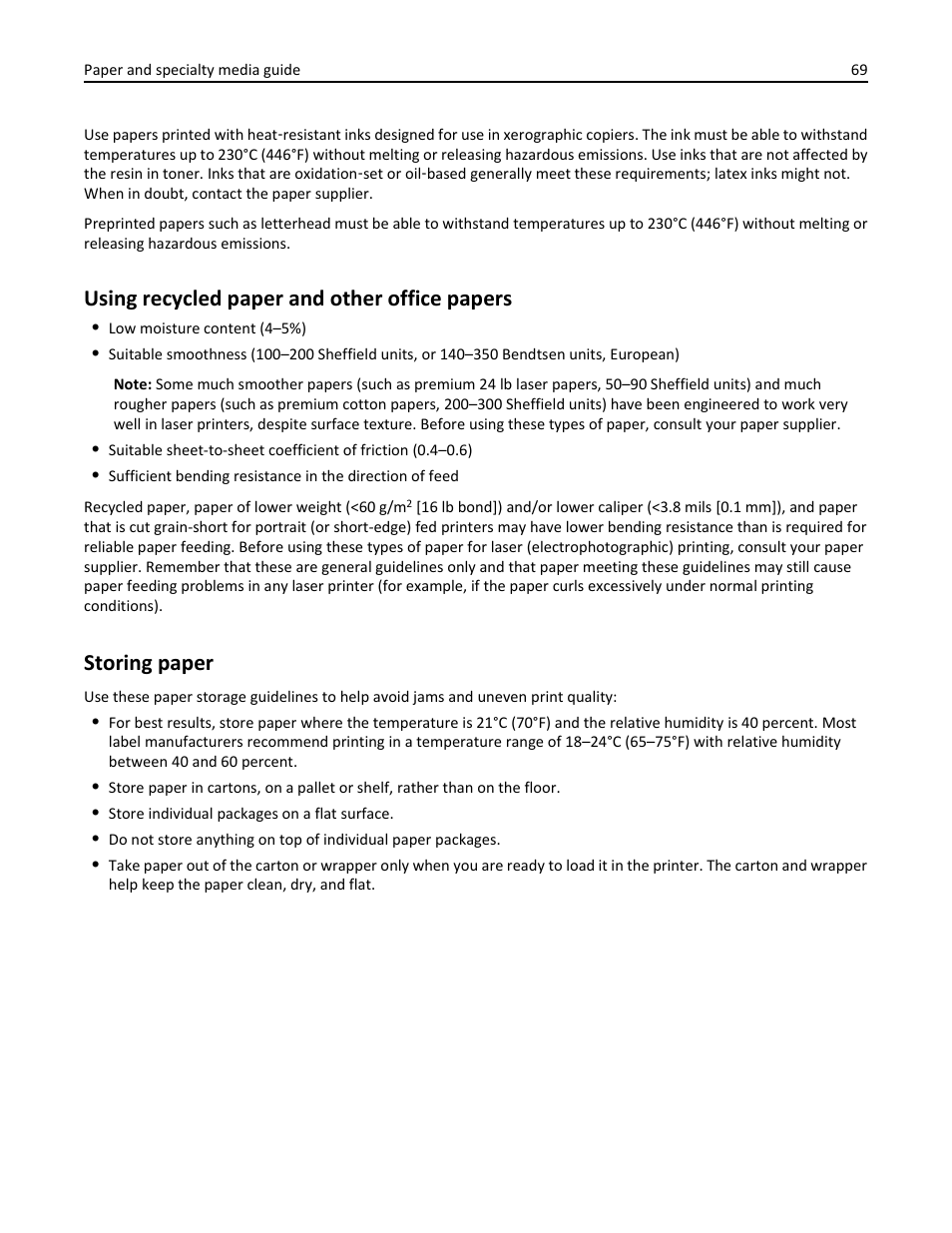 Using recycled paper and other office papers, Storing paper | Dell B3465dn Mono Laser Multifunction Printer User Manual | Page 69 / 315