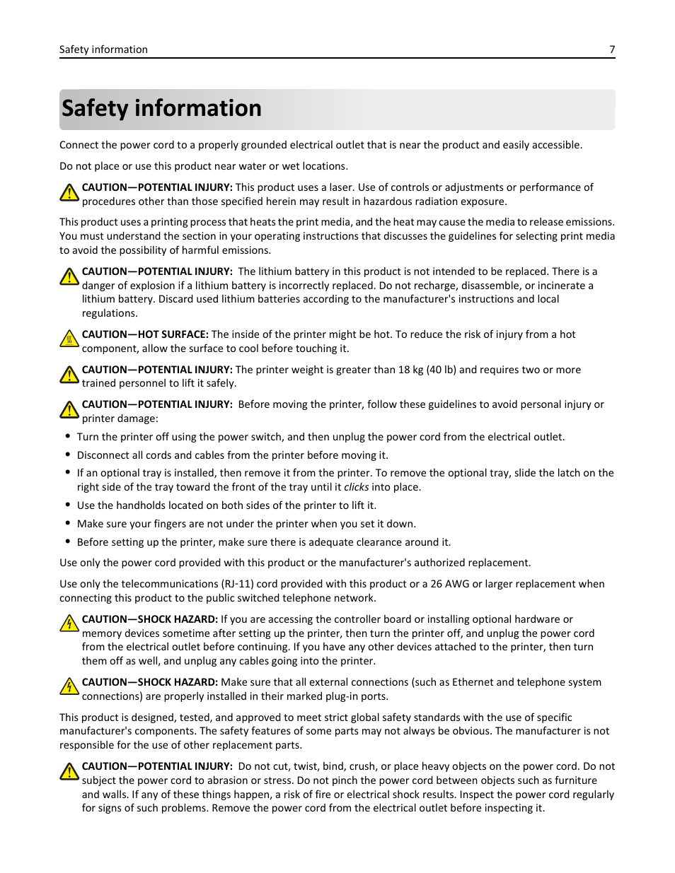 Safety information | Dell B3465dn Mono Laser Multifunction Printer User Manual | Page 7 / 315