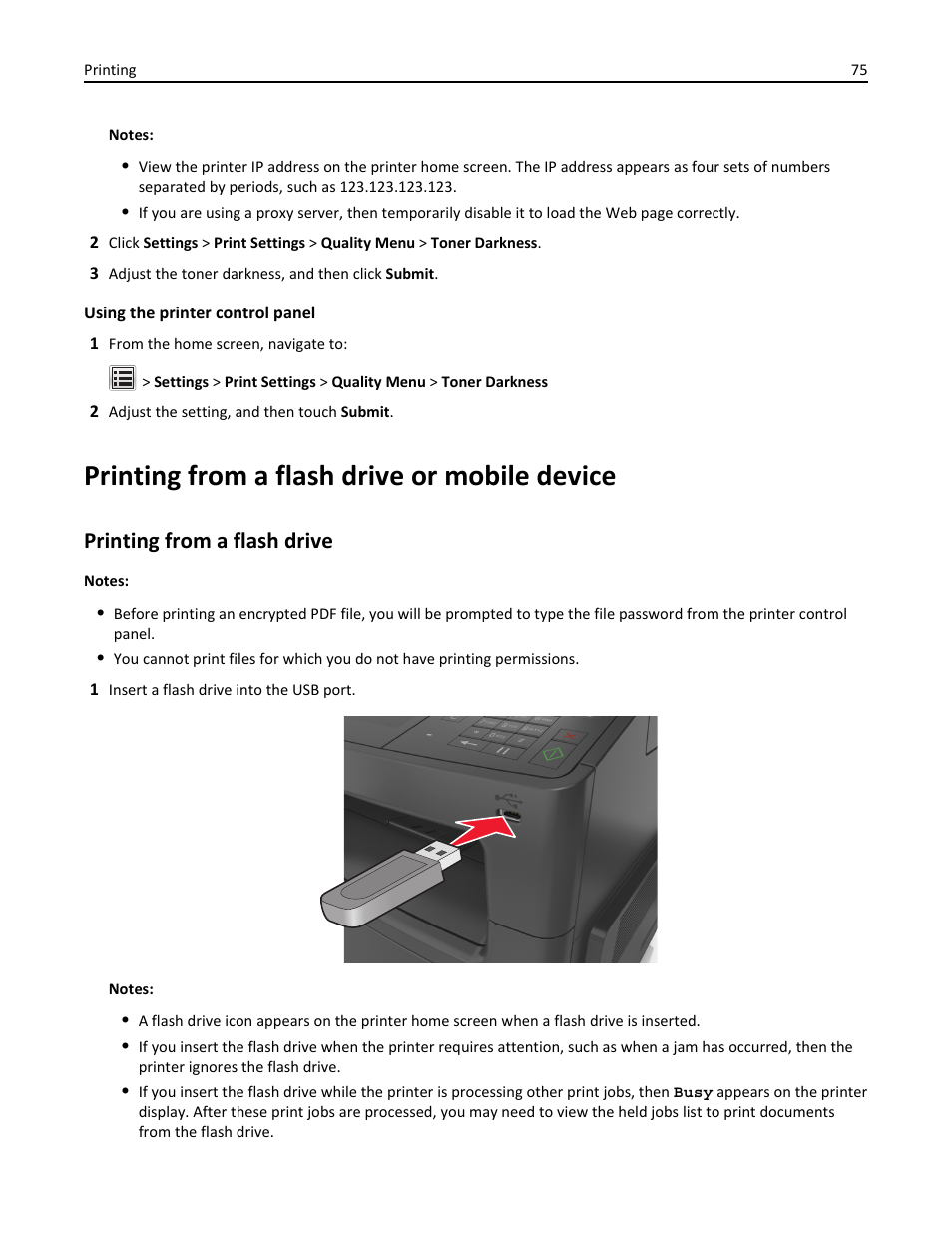 Printing from a flash drive or mobile device, Printing from a flash drive | Dell B3465dn Mono Laser Multifunction Printer User Manual | Page 75 / 315