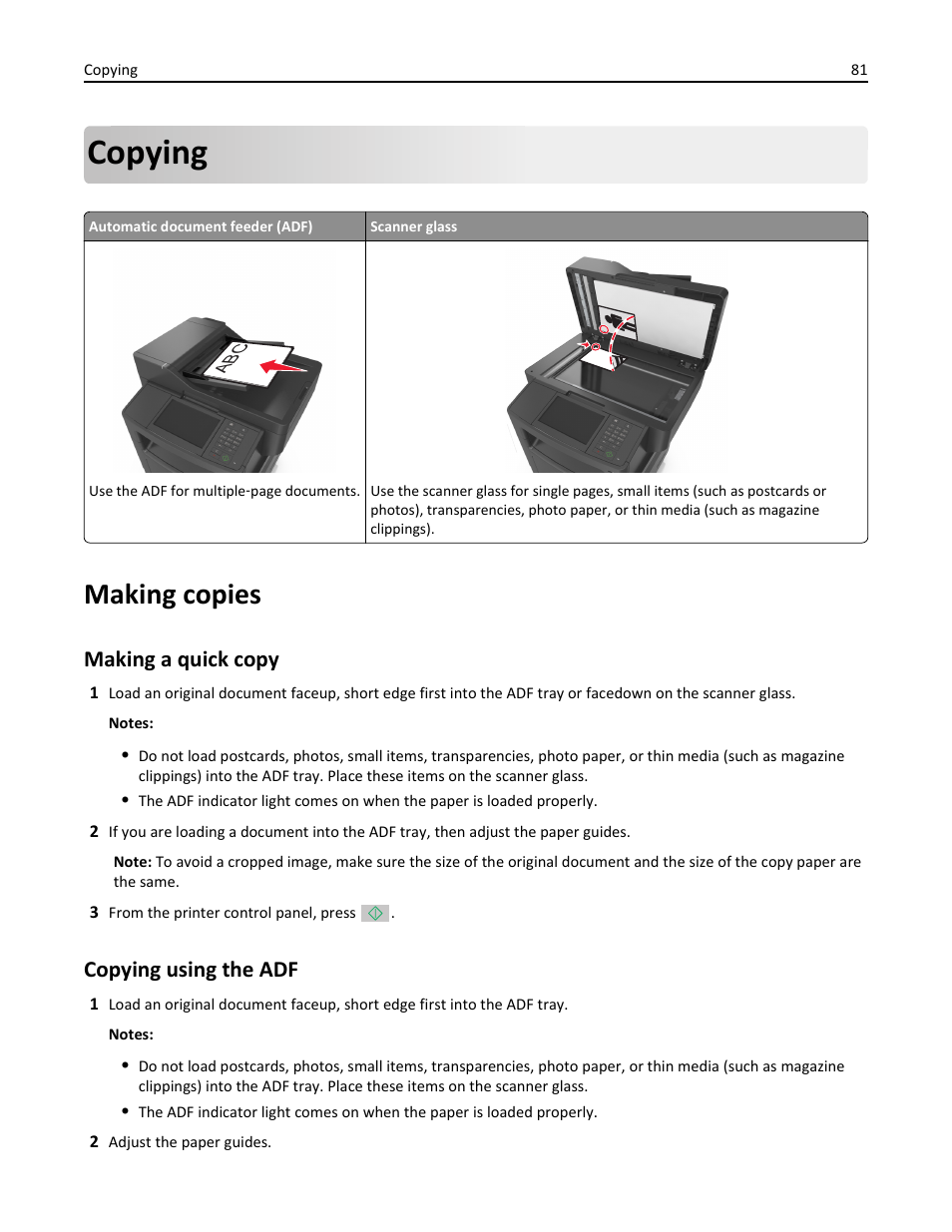 Copying, Making copies, Making a quick copy | Copying using the adf | Dell B3465dn Mono Laser Multifunction Printer User Manual | Page 81 / 315