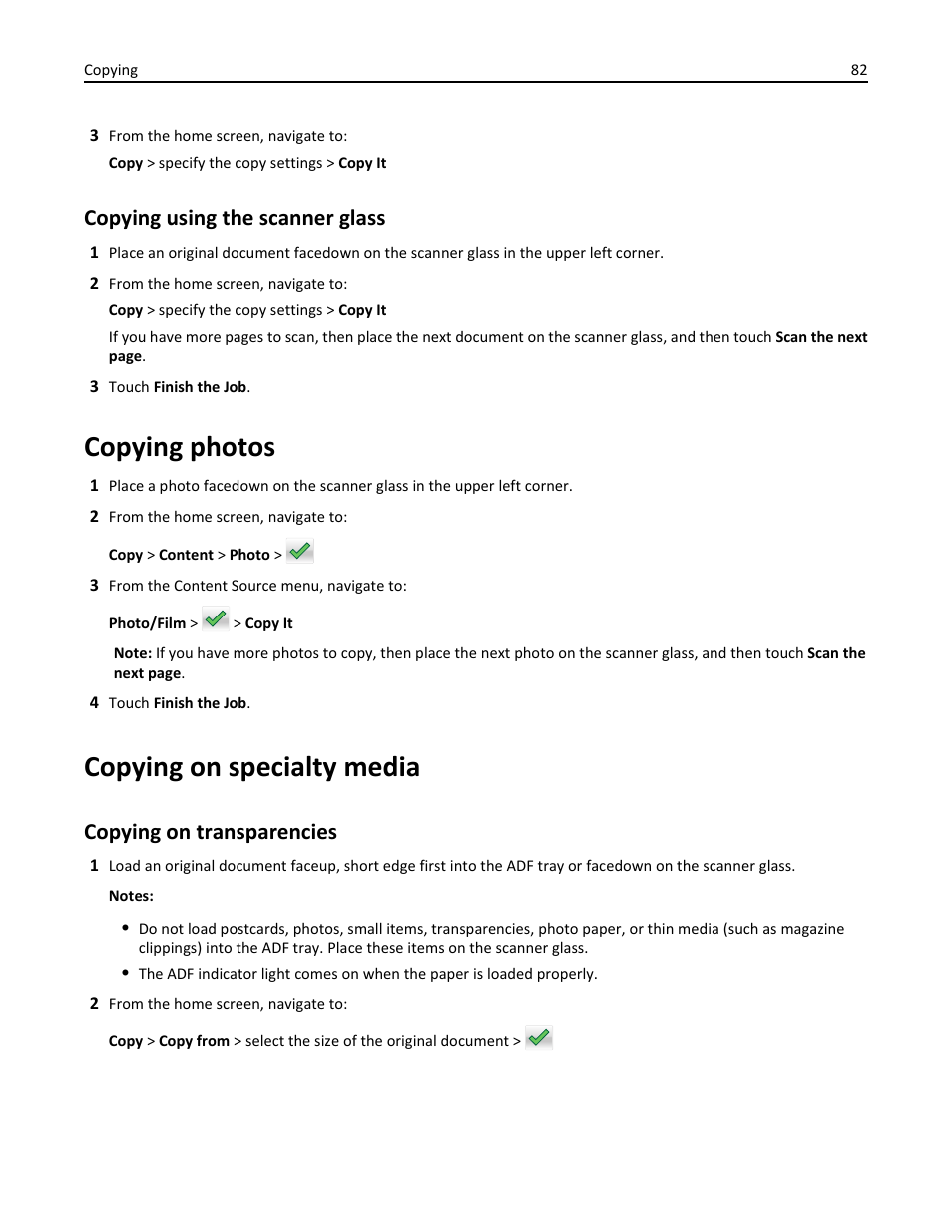 Copying using the scanner glass, Copying photos, Copying on specialty media | Copying on transparencies | Dell B3465dn Mono Laser Multifunction Printer User Manual | Page 82 / 315
