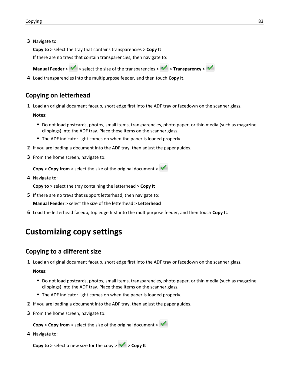 Copying on letterhead, Customizing copy settings, Copying to a different size | Dell B3465dn Mono Laser Multifunction Printer User Manual | Page 83 / 315