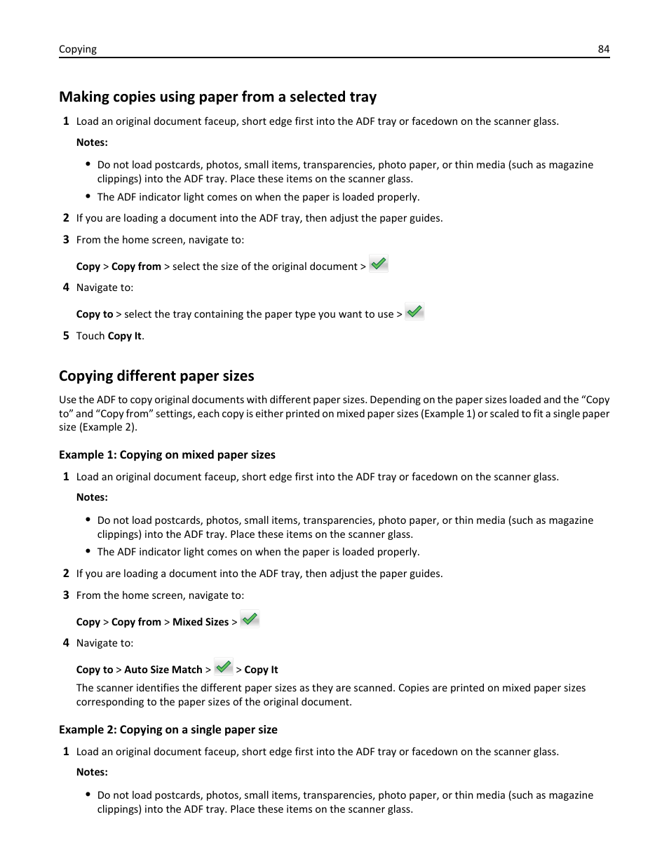 Making copies using paper from a selected tray, Copying different paper sizes | Dell B3465dn Mono Laser Multifunction Printer User Manual | Page 84 / 315