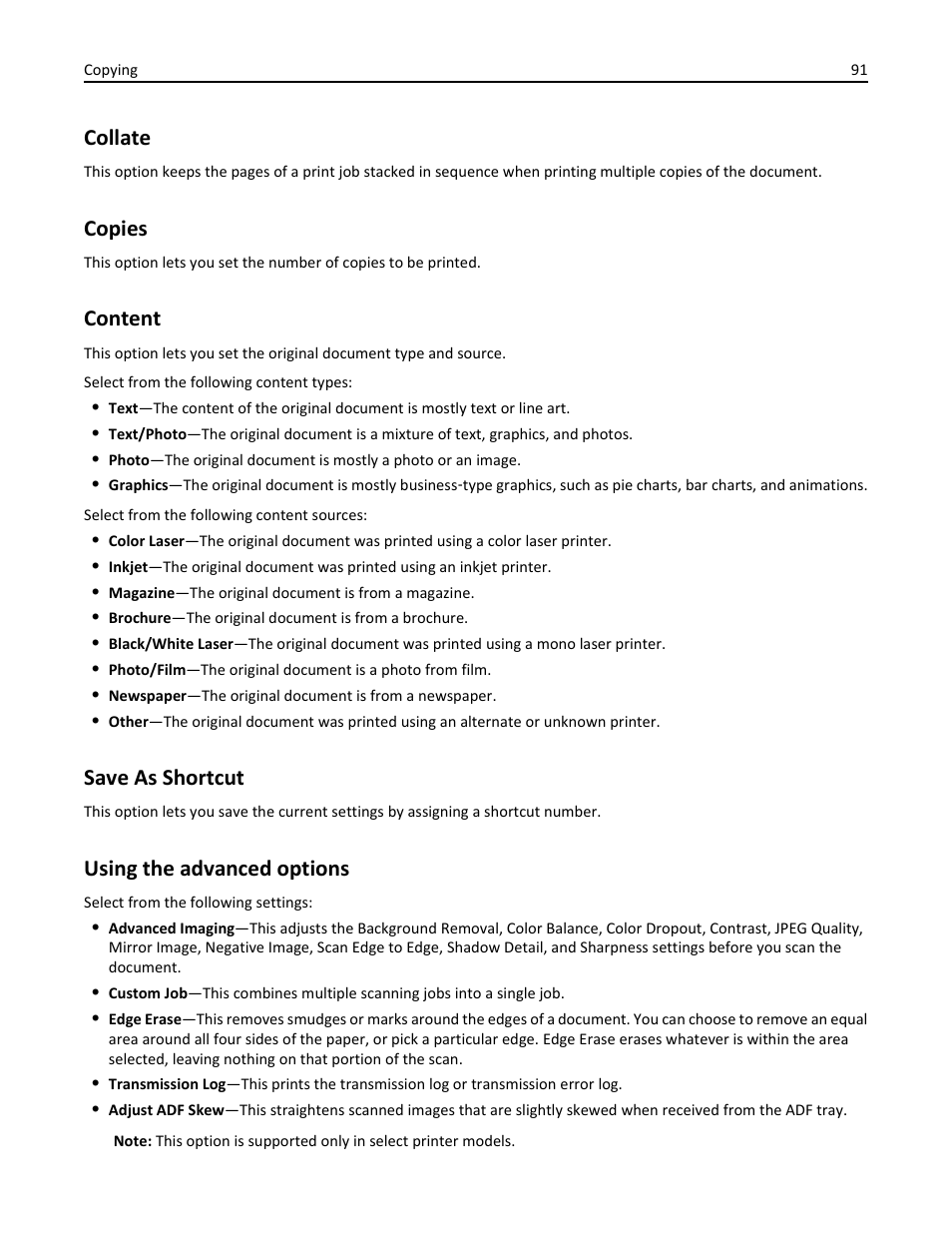 Collate, Copies, Content | Save as shortcut, Using the advanced options | Dell B3465dn Mono Laser Multifunction Printer User Manual | Page 91 / 315