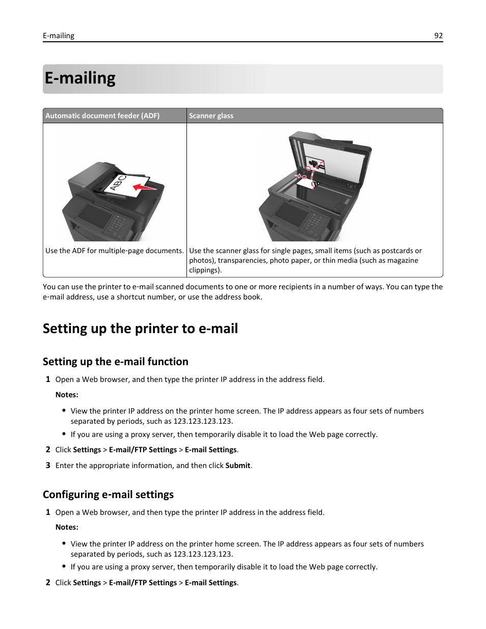 E-mailing, Setting up the printer to e-mail, Setting up the e-mail function | Configuring e-mail settings, E-mailing” on, Configuring e ‑ mail settings | Dell B3465dn Mono Laser Multifunction Printer User Manual | Page 92 / 315